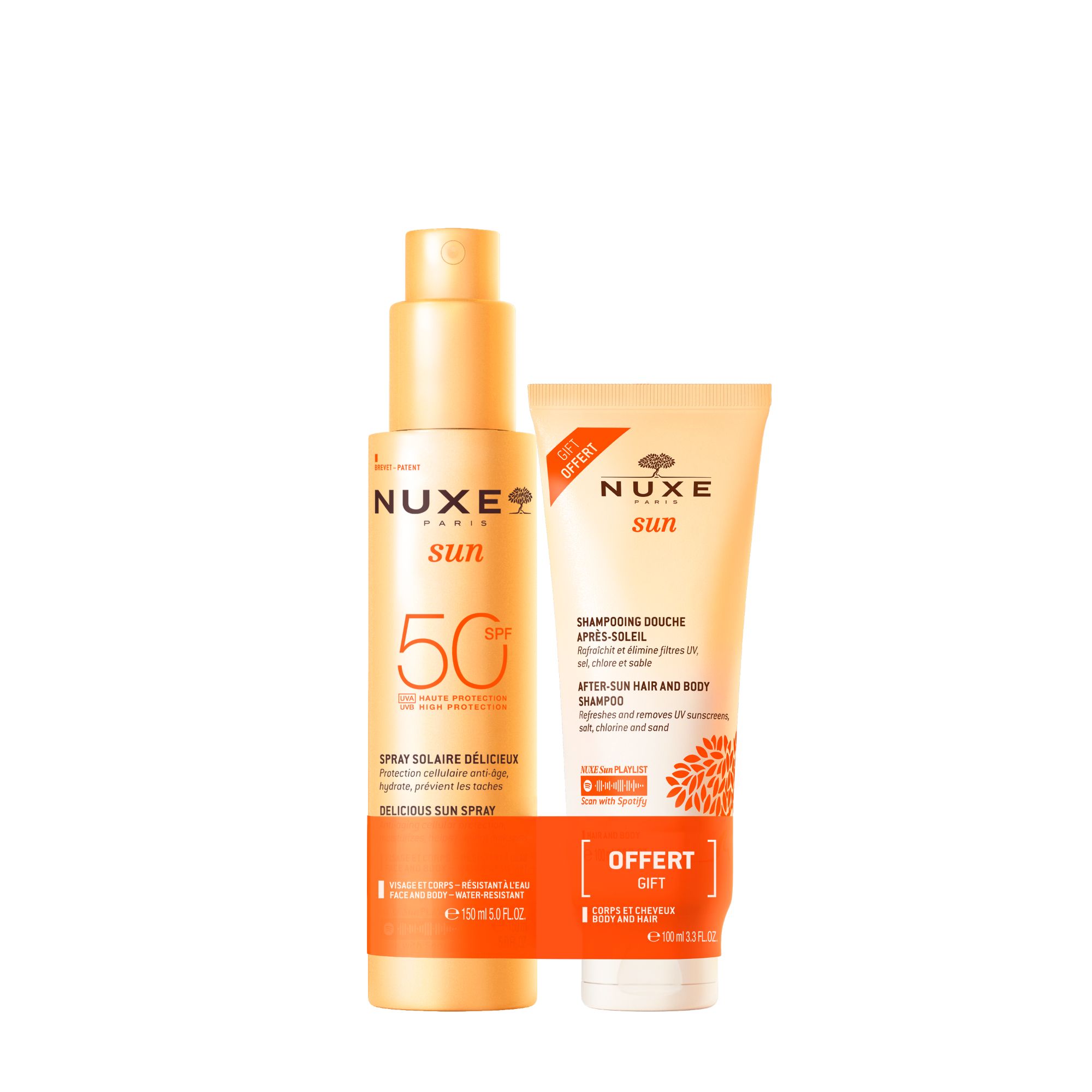 Sonnenspray und After-Sun Duschshampoo. Beide Produkte sind in orangefarbenen Behältern mit weißer Schrift.