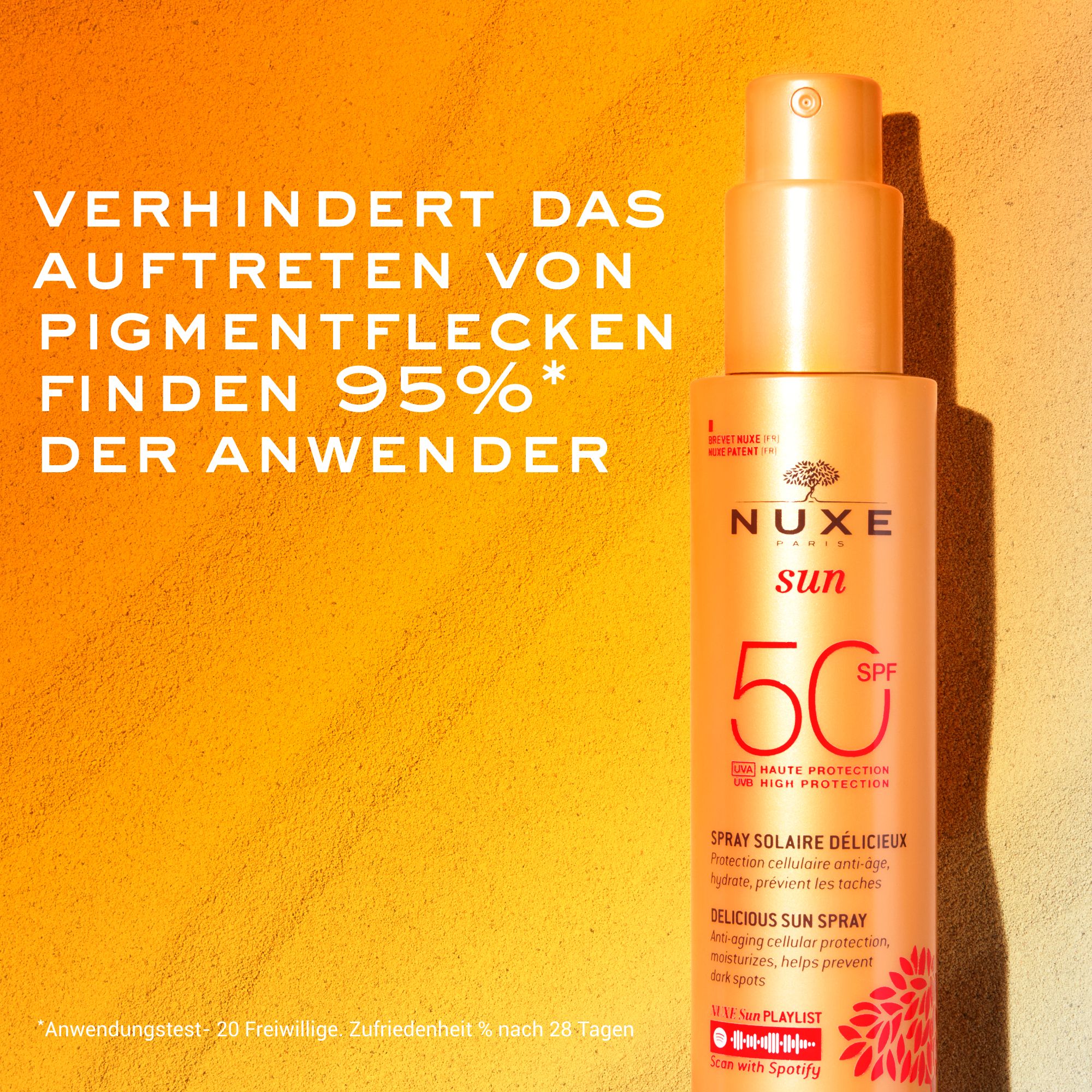 Sonnenspray mit Text: Verhindert das Auftreten von Pigmentflecken. 95% der Anwender.