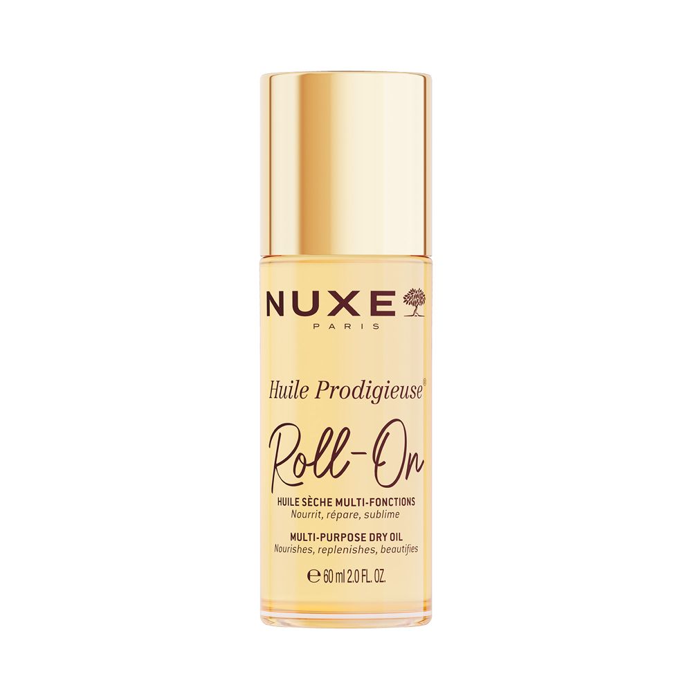 NUXE Huile Prodigieuse Roll-on. Goldener Deckel, transparente Flasche. Produktbeschriftung.