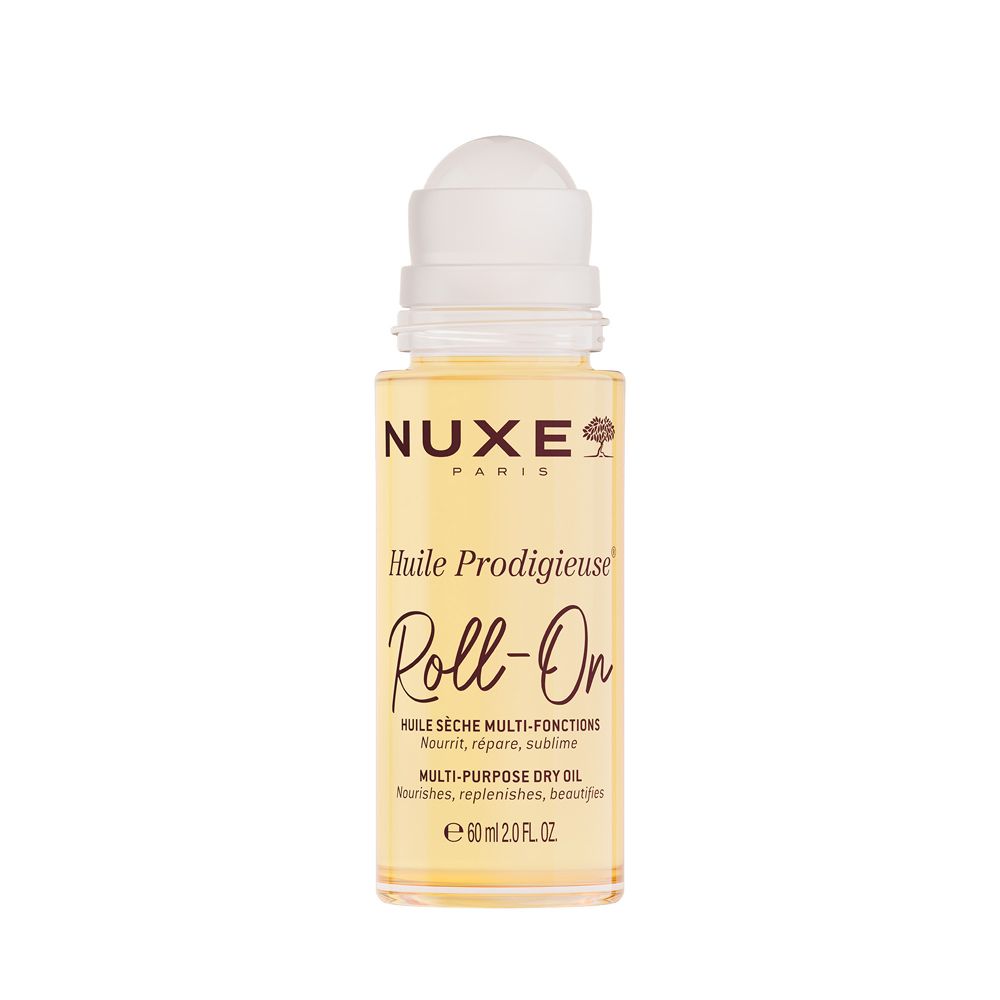NUXE Huile Prodigieuse Roll-on. Weißer Roll-on-Aufsatz, transparente Flasche. Produktbeschriftung.