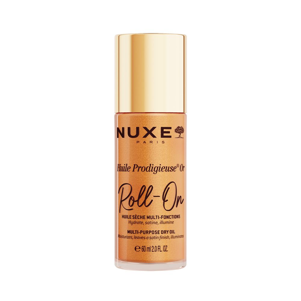 Goldfarbene Roll-on-Flasche. Aufschrift: NUXE Paris, Huile Prodigieuse Or Roll-On. Trockenöl mit Schimmerpartikeln.
