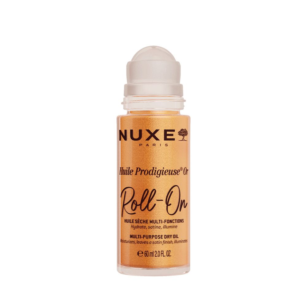 Roll-on-Flasche mit durchsichtigem Applikator. Aufschrift: NUXE Paris, Huile Prodigieuse Or Roll-On. Trockenöl mit Schimmerpartikeln.