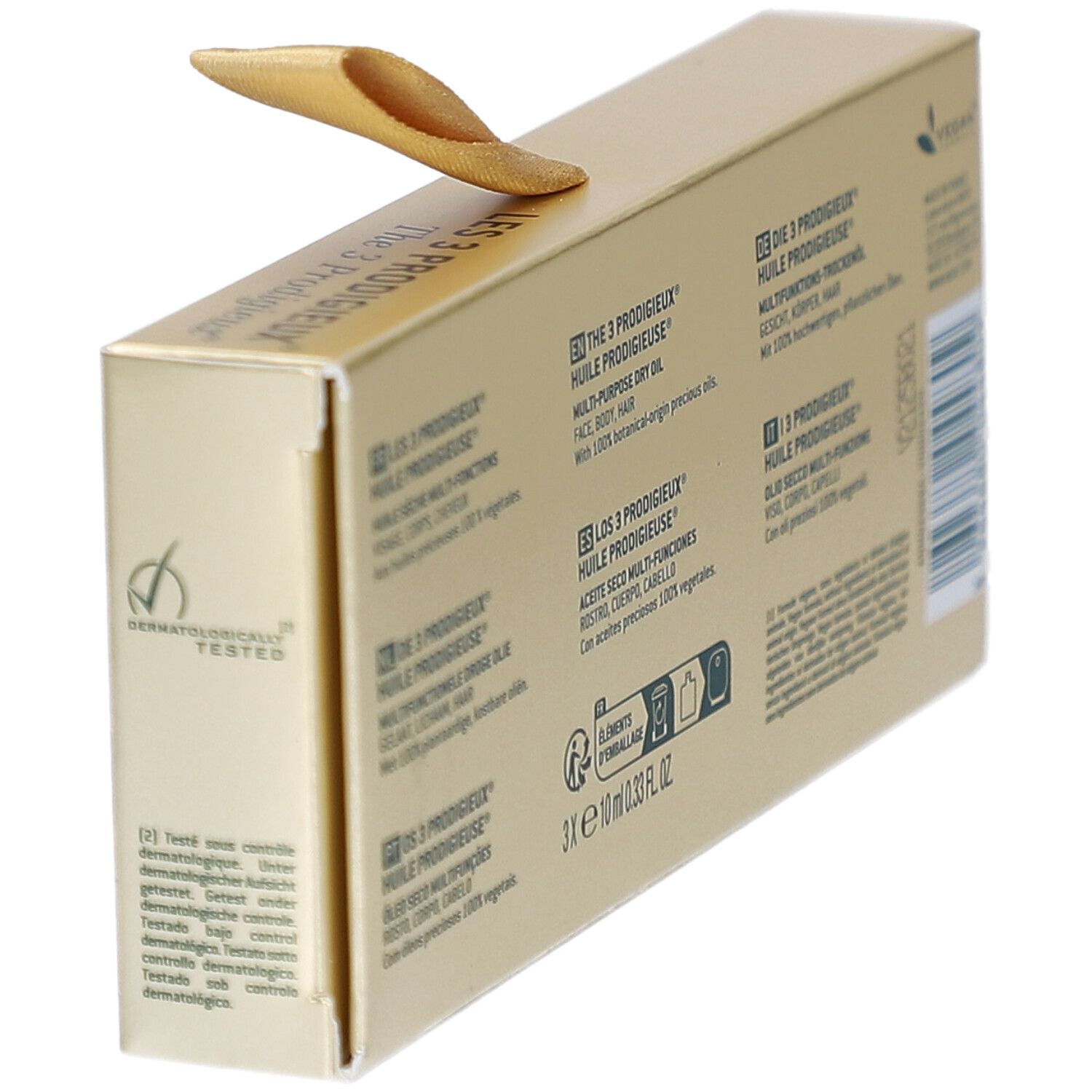 Geschenkbox mit drei Ölen. Dermatologisch getestet-Logo. Text in mehreren Sprachen. NUXE-Logo.