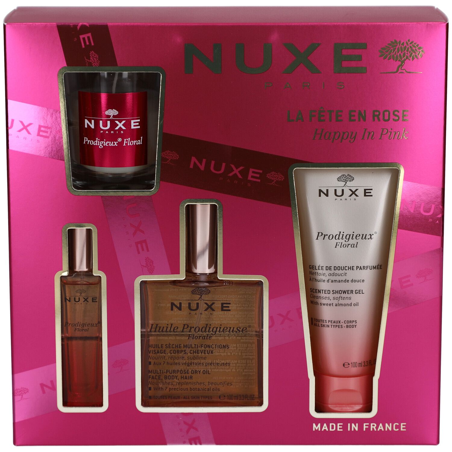 Pinke Geschenkbox mit Produkten. Enthält Kerze, Öl und Duschgel. NUXE-Logo und Produktnamen sichtbar. « La Fête en Rose ».