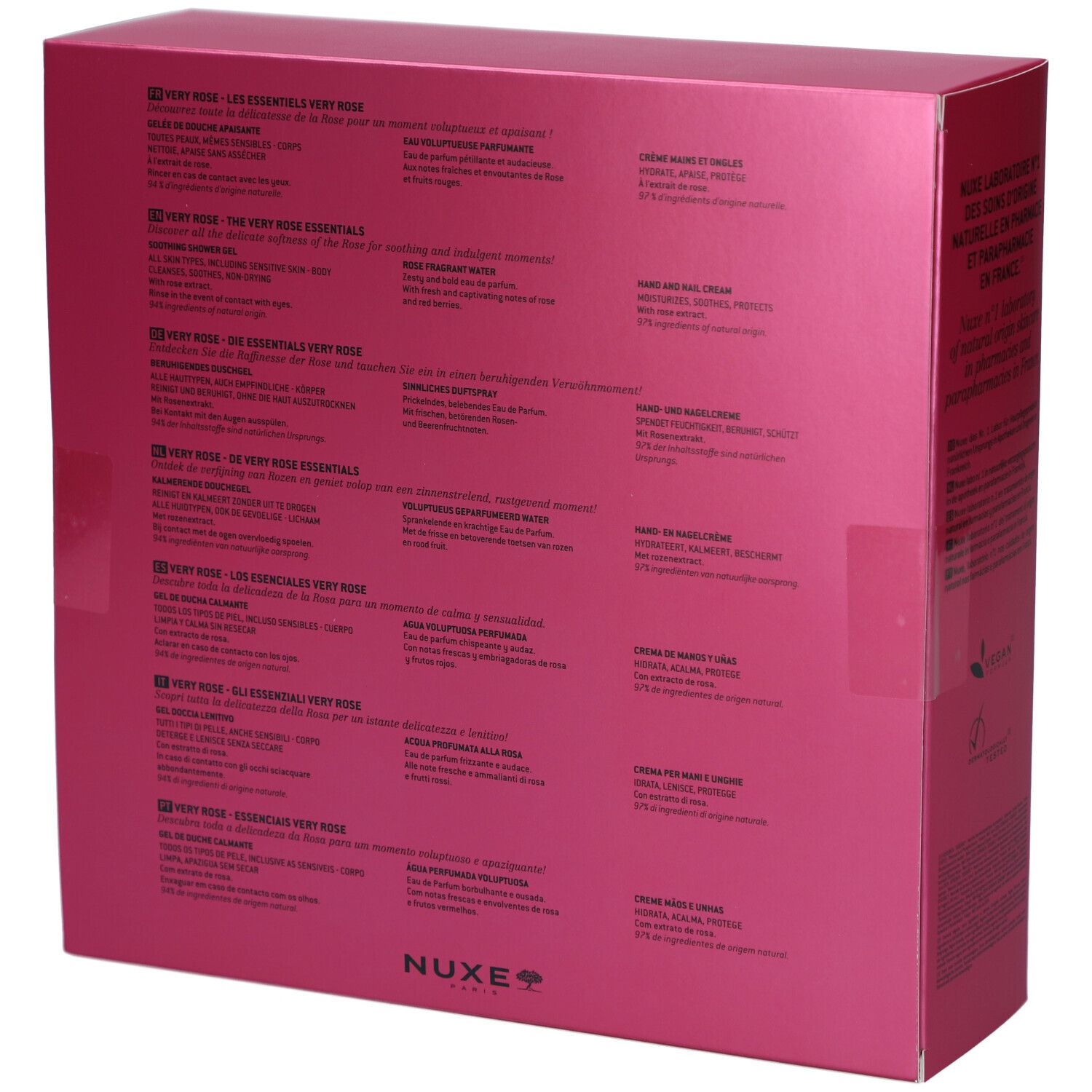 Rückseite der rosa Geschenkbox. Text in mehreren Sprachen. NUXE-Logo unten rechts.