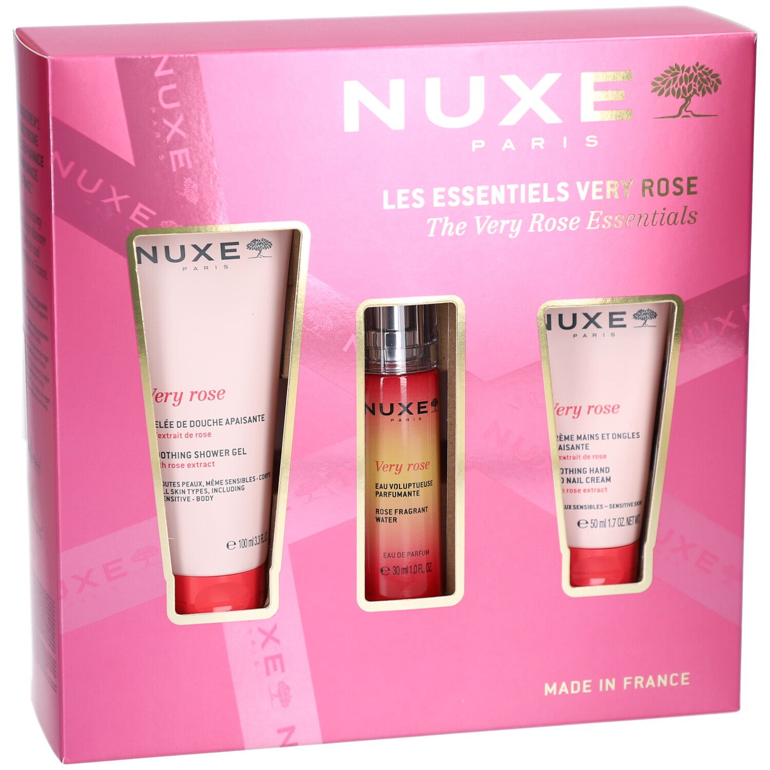 Rosa Geschenkbox mit drei Produkten. NUXE-Logo und "Les Essentiels Very Rose" Schriftzug. Produkte sichtbar.