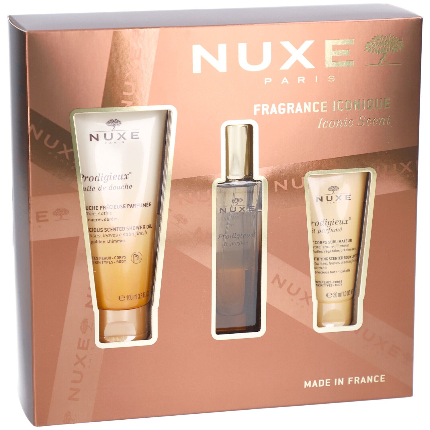 Nuxe Geschenkset mit Duschöl, Parfüm und Körperlotion.