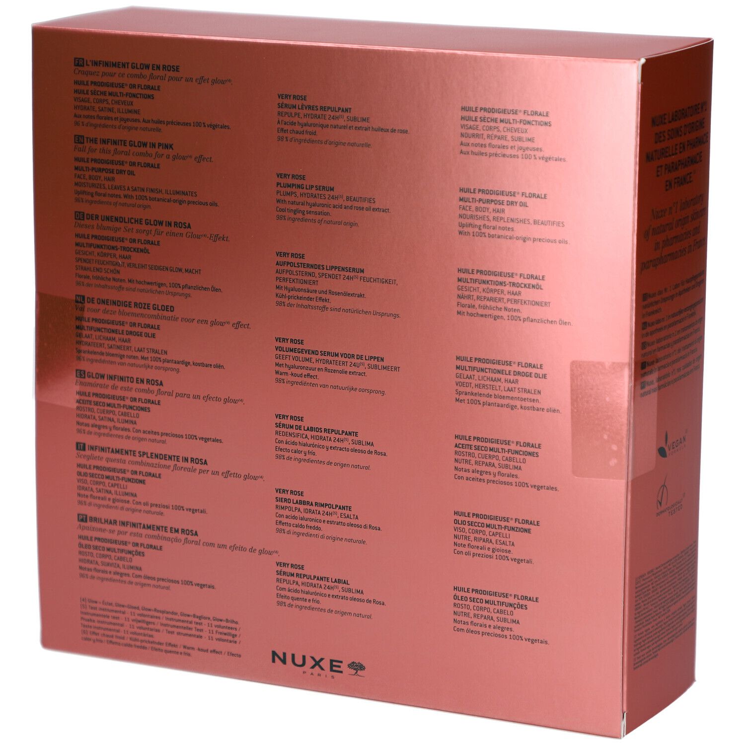 Rückseite der rosa Geschenkbox mit Text in mehreren Sprachen. Enthält Informationen über das Produkt und Inhaltsstoffe.