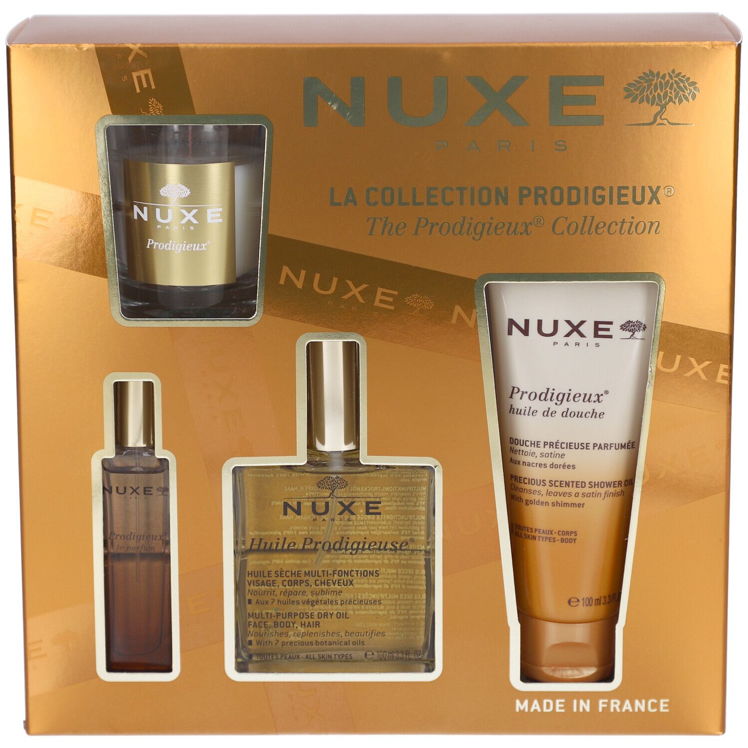 Nuxe Geschenkset mit Duftkerze, Parfümöl und Duschgel.