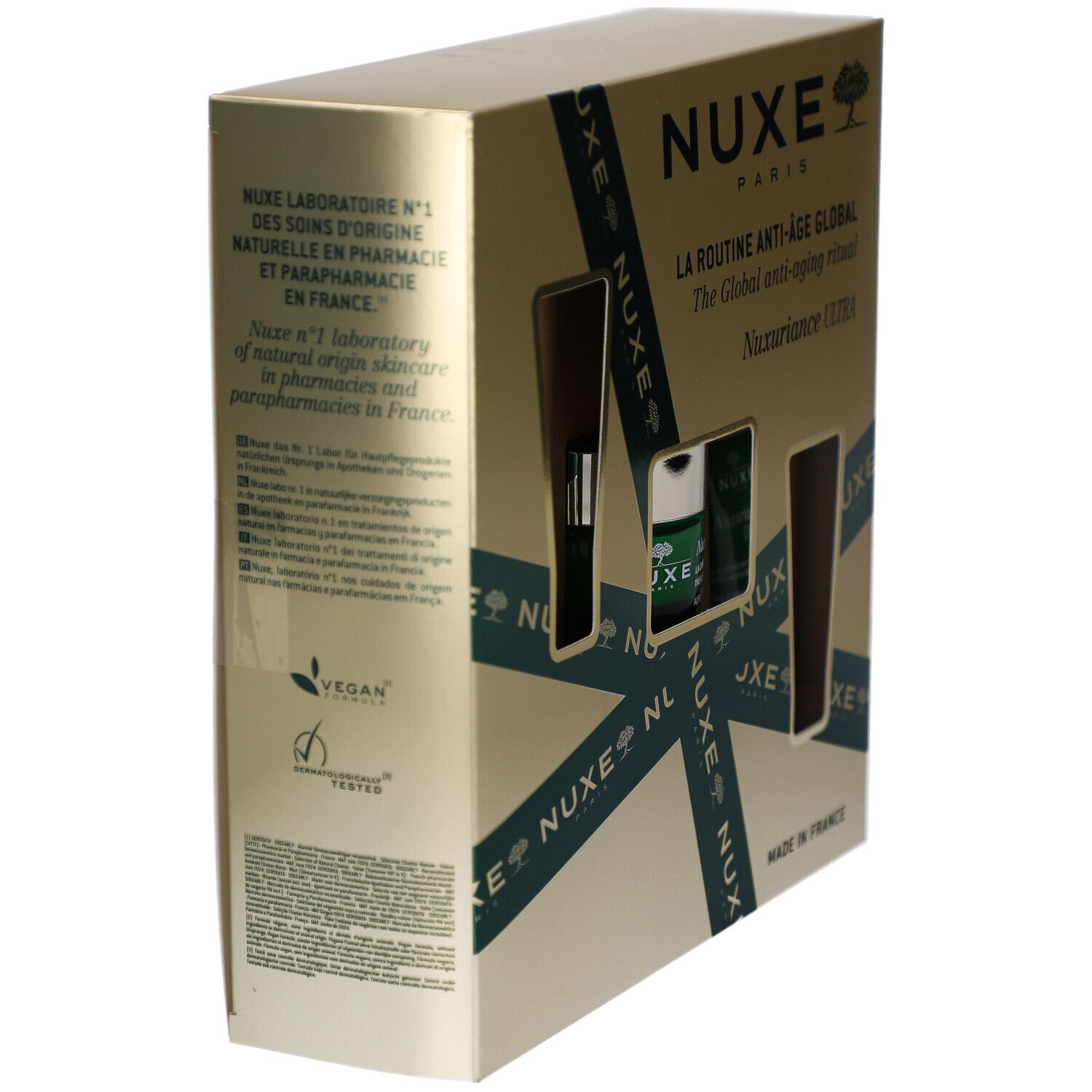 Rückseite der Nuxe Nuxuriance Ultra Geschenkbox mit Produktinformationen und Siegeln.