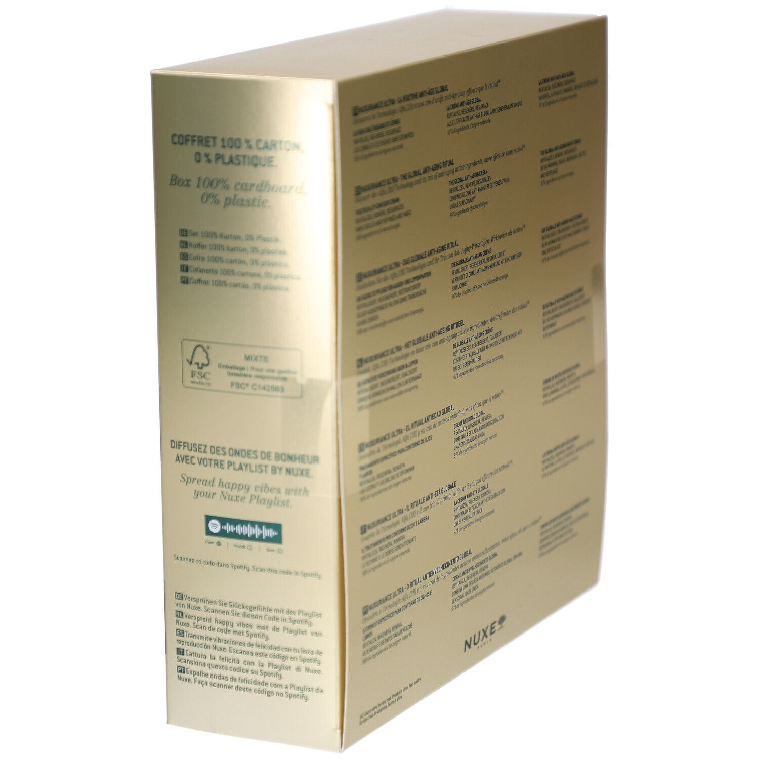 Seite der Geschenkbox mit Text und Logo. Enthält Informationen über die Verpackung und die Marke NUXE.