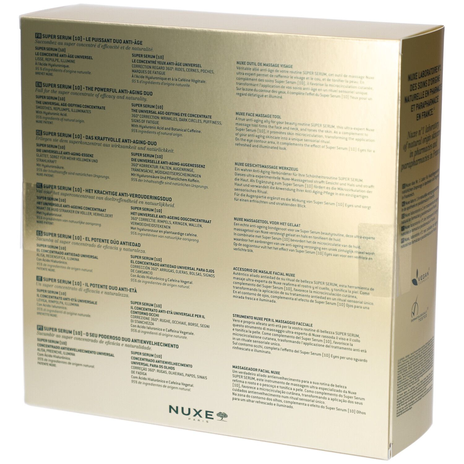 Rückseite der Geschenkbox mit Produktinformationen in mehreren Sprachen. NUXE-Logo.