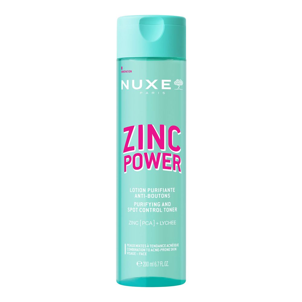 Türkisgrüne Flasche mit NUXE-Logo und ZINC POWER-Schriftzug. Enthält Toner gegen Pickel. Deckel hellblau.