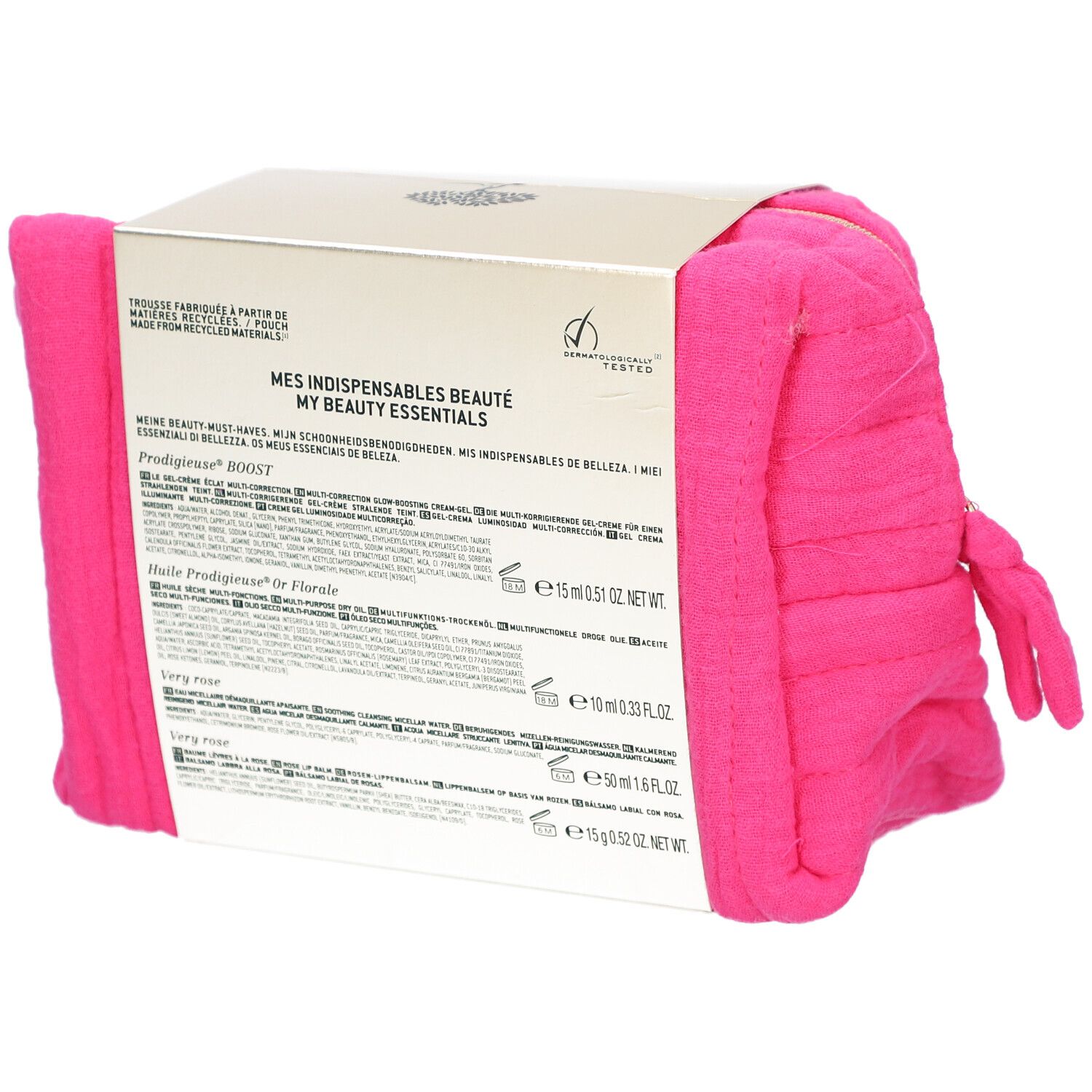 Rückseite der NUXE-Produktverpackung. Textinformationen zu den enthaltenen Produkten und Inhaltsstoffen.