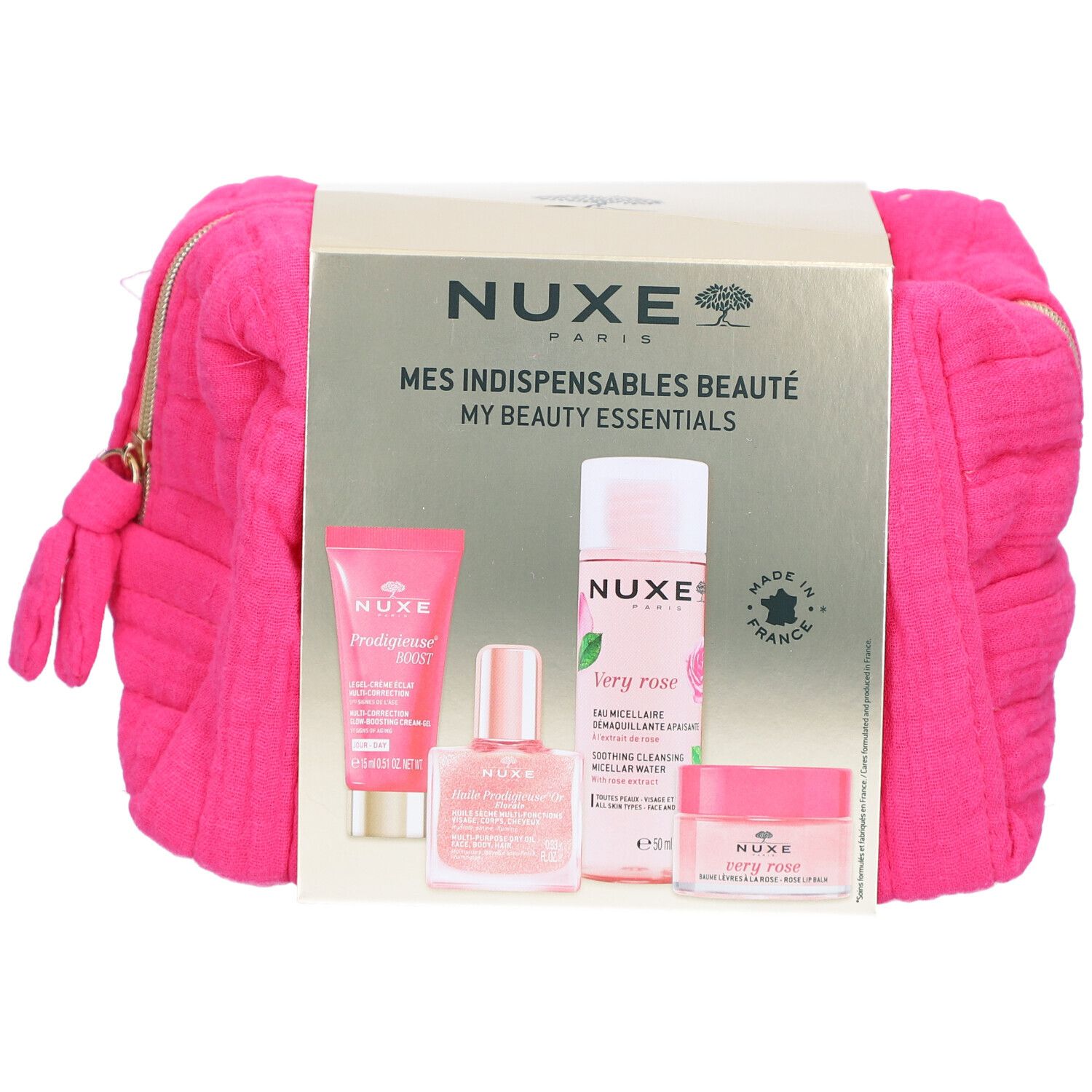 Pinkfarbene Kosmetiktasche mit goldfarbenem Reißverschluss und NUXE-Produktverpackung. Enthält vier Produkte.