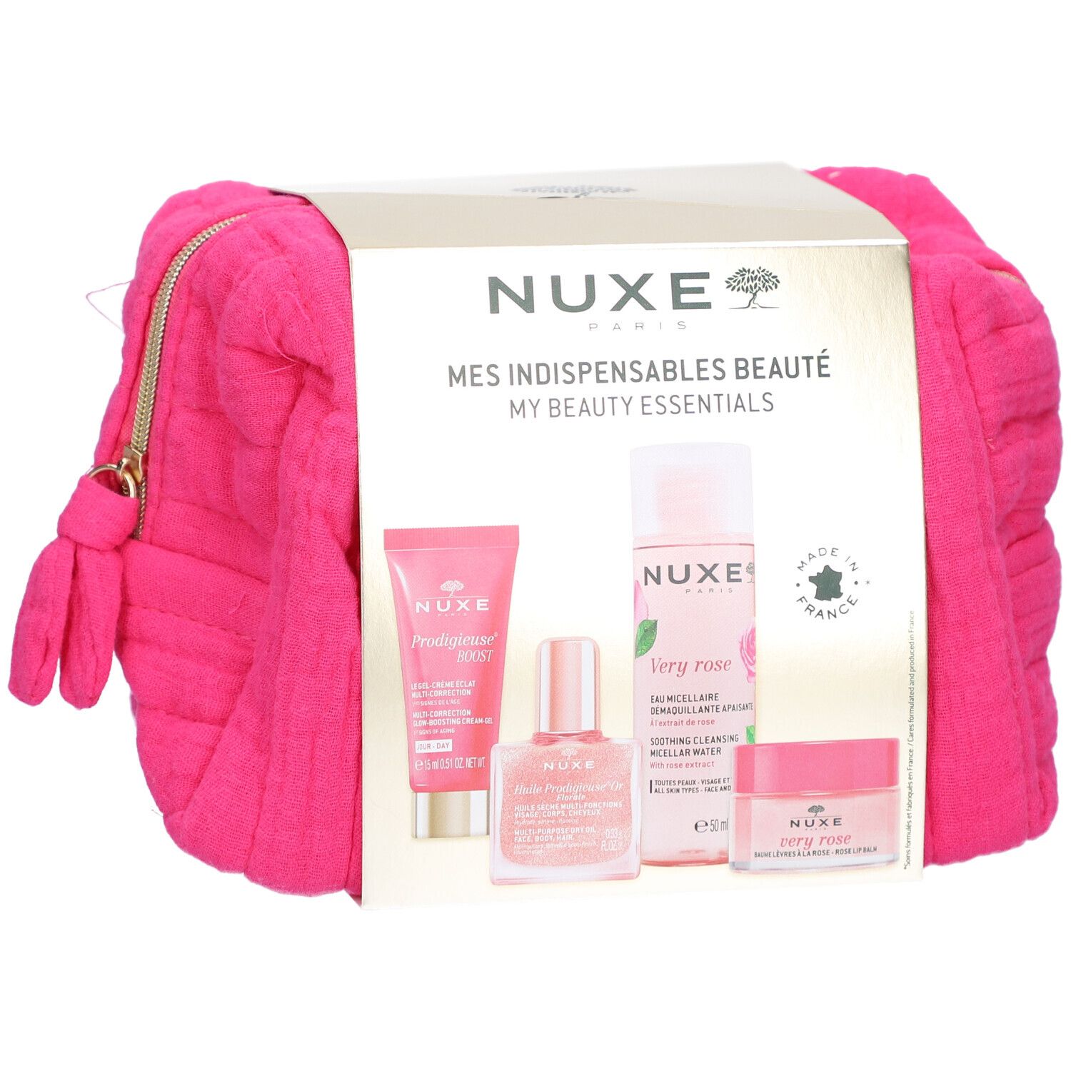 Pinkfarbene Kosmetiktasche mit goldfarbenem Reißverschluss und NUXE-Produktverpackung. Enthält vier Produkte.