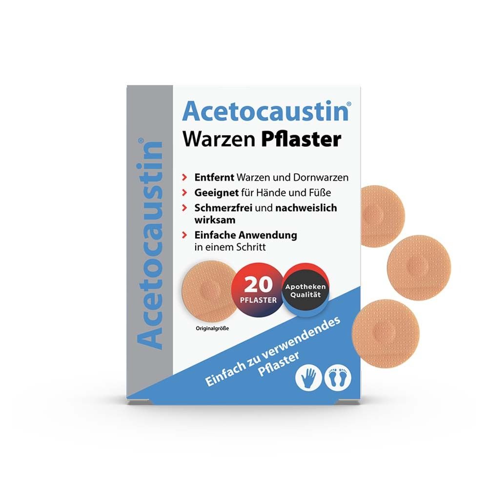 Schachtel und Pflaster von Acetocaustin Warzen Pflaster. 3 Pflaster daneben.