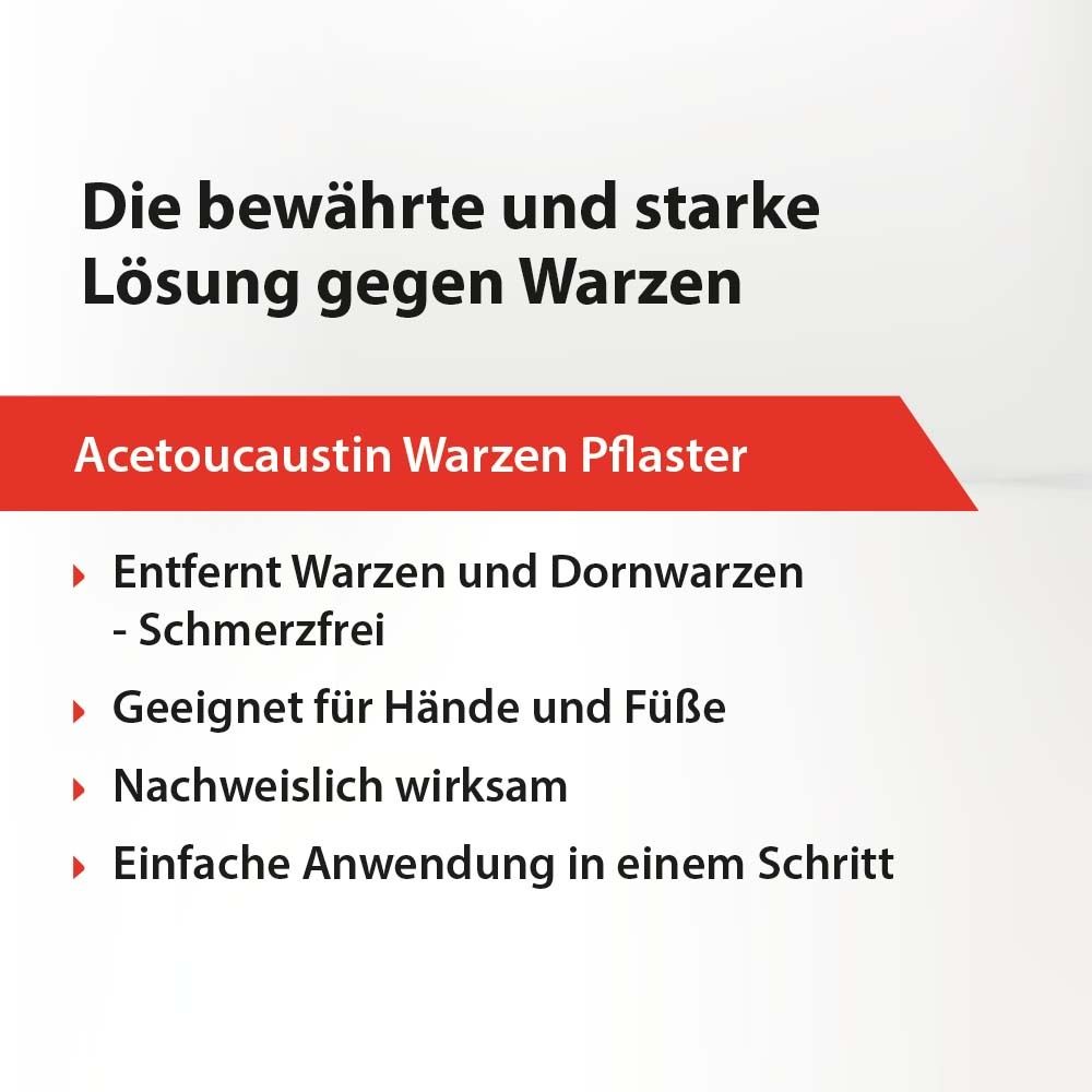 Text: Die bewährte und starke Lösung gegen Warzen. Acetocaustin Warzen Pflaster.