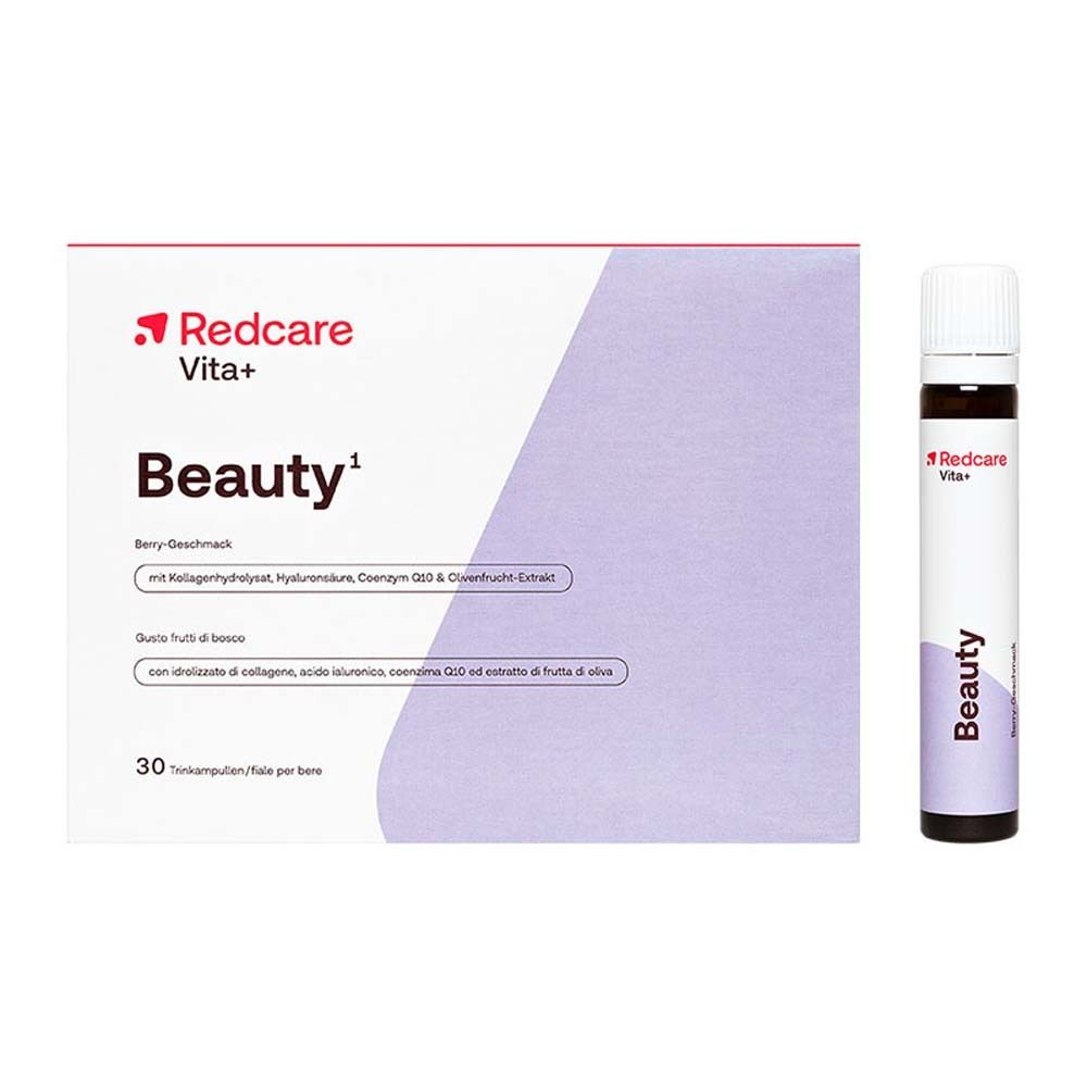 Packung Redcare Vita+ Beauty. Enthält 30 Trinkampullen. Aufschrift Beauty.