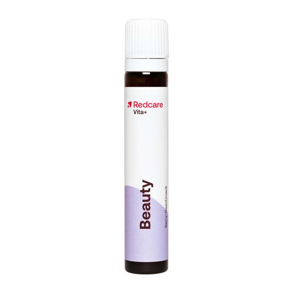 Trinkampulle Redcare Vita+ Beauty. Weiß-lila Etikett. Aufschrift Beauty.