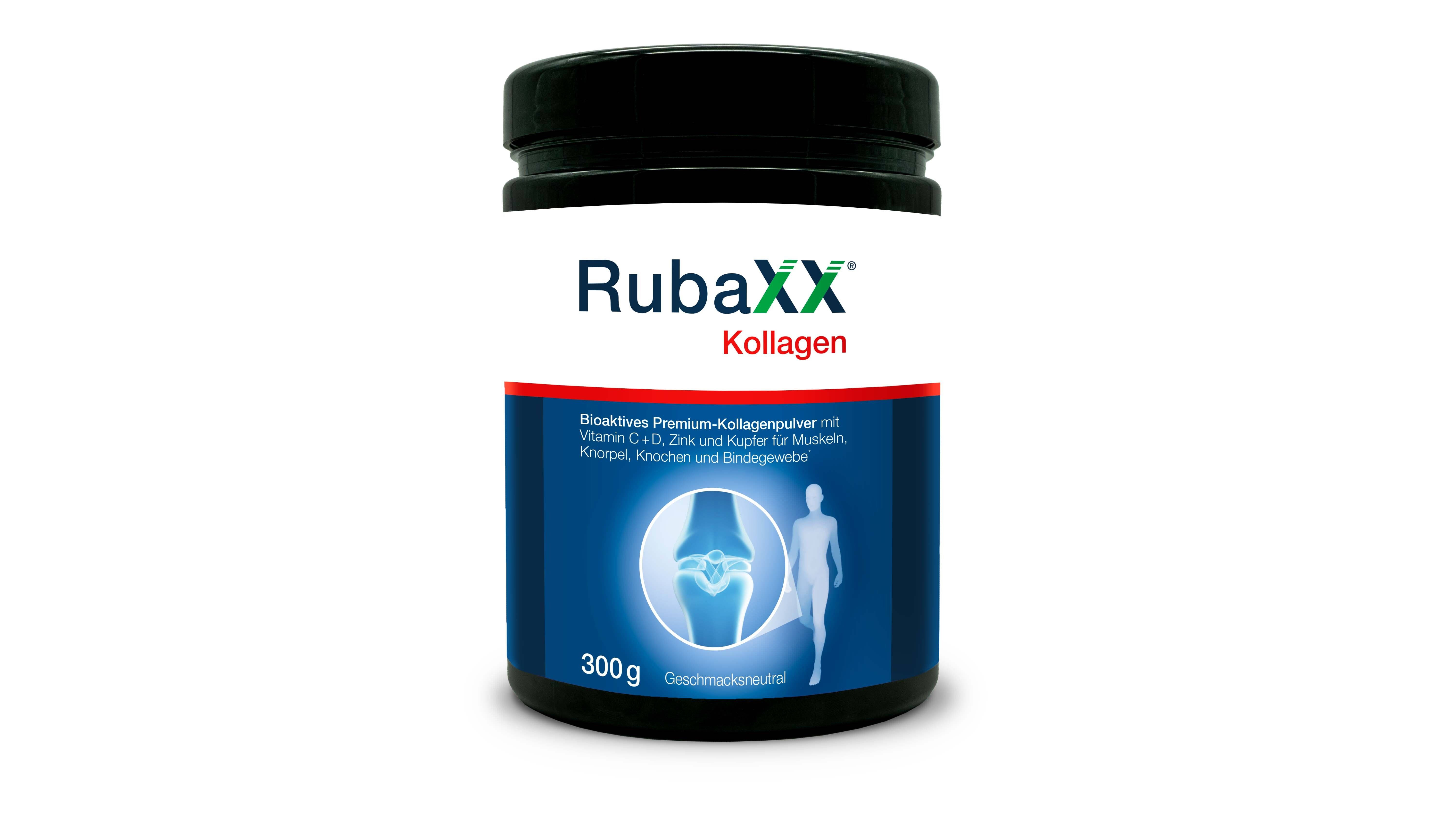 Schwarze Dose mit RubaXX Kollagen. Roter Streifen mit Text. 300g. Aufdruck: Bioaktives Premium-Kollagenpulver.