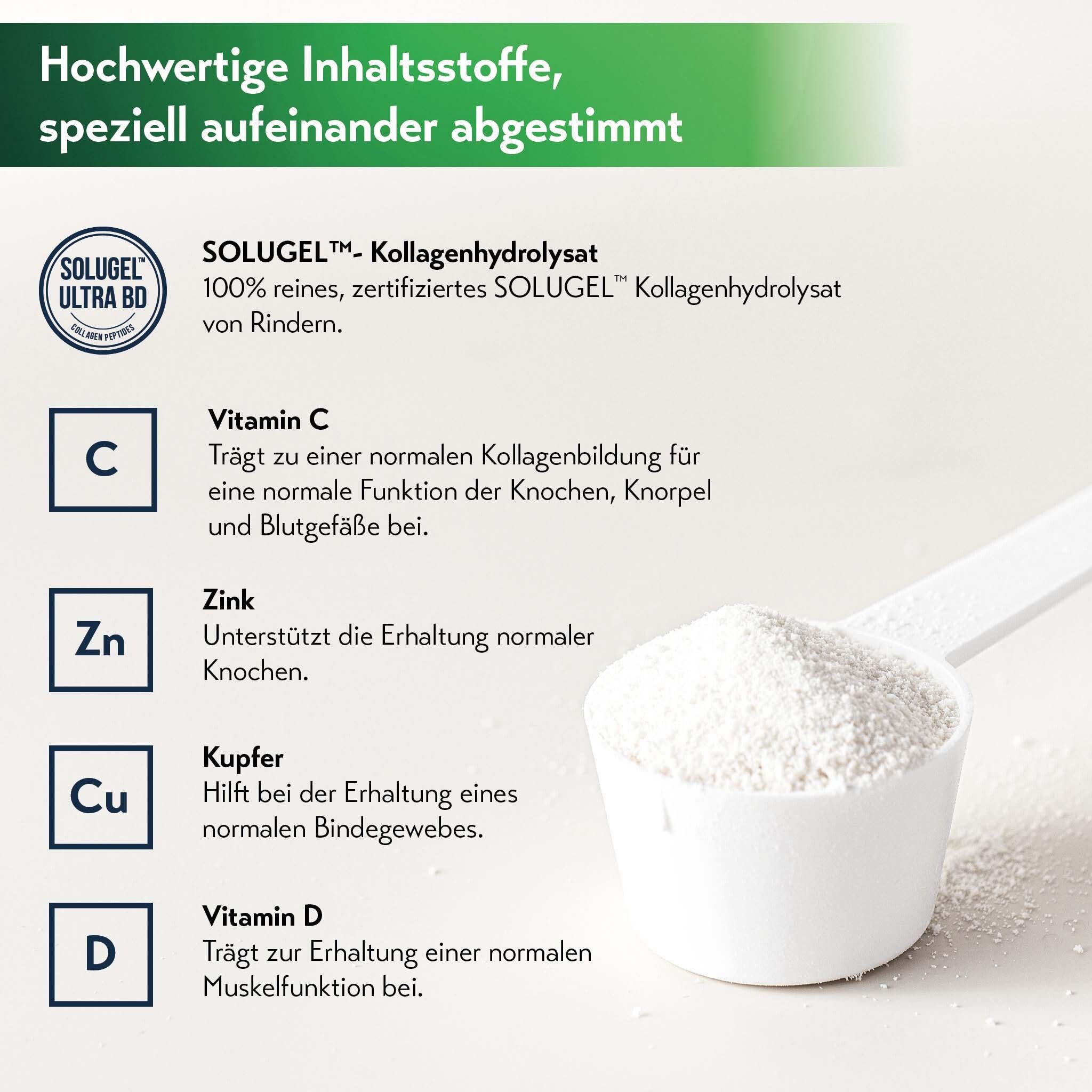 Infografik mit Inhaltsstoffen: Vitamin C, Zink, Kupfer, Vitamin D. Text: SOLUGEL Kollagenhydrolysat.