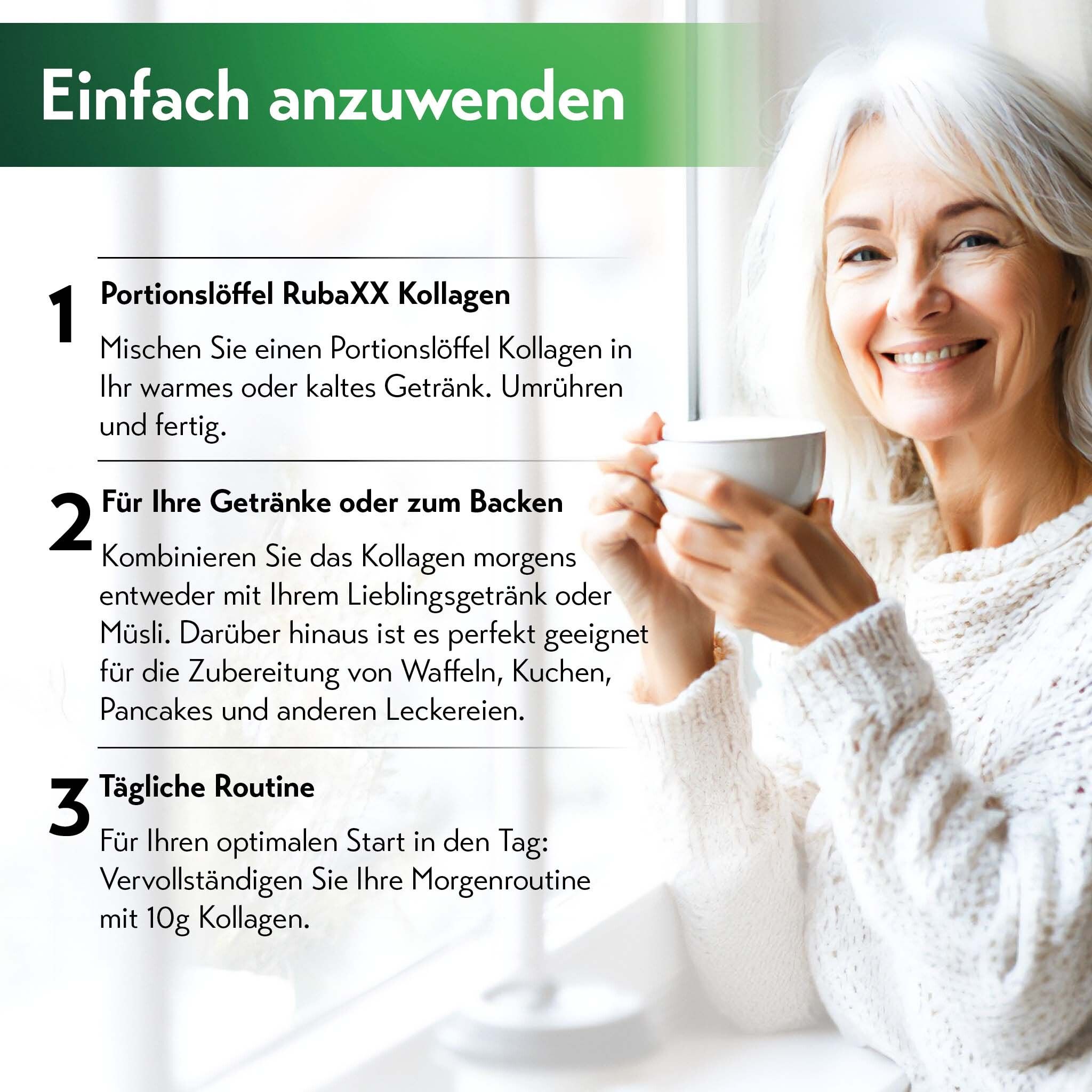 Frau trinkt Kaffee. Text: Einfach anzuwenden. 3 Schritte zur Anwendung von RubaXX Kollagen.