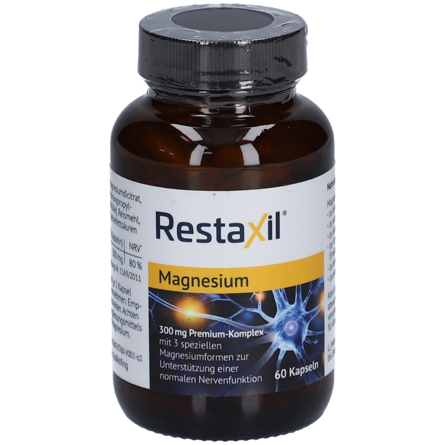 Braune Glasflasche mit schwarzem Deckel. Etikett mit "Restaxil Magnesium", 60 Kapseln. Gelbes Feld mit Nervenzell-Grafik.