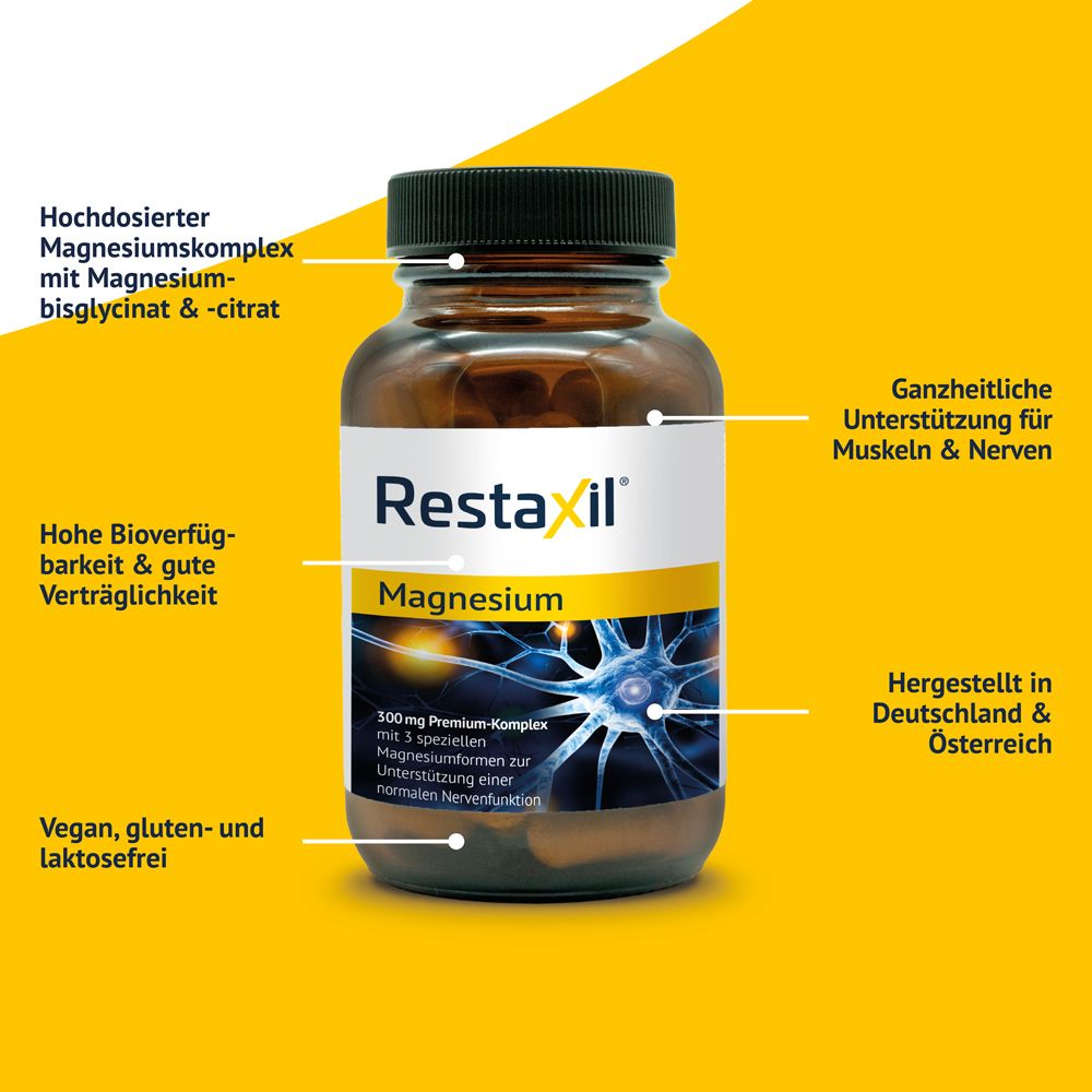 Restaxil Magnesium Kapseln: Braune Flasche mit weißem Etikett, das ein stilisiertes Nervensystem zeigt. Beschriftung: Hochdosierter Magnesiumkomplex, vegan, gluten- und laktosefrei.