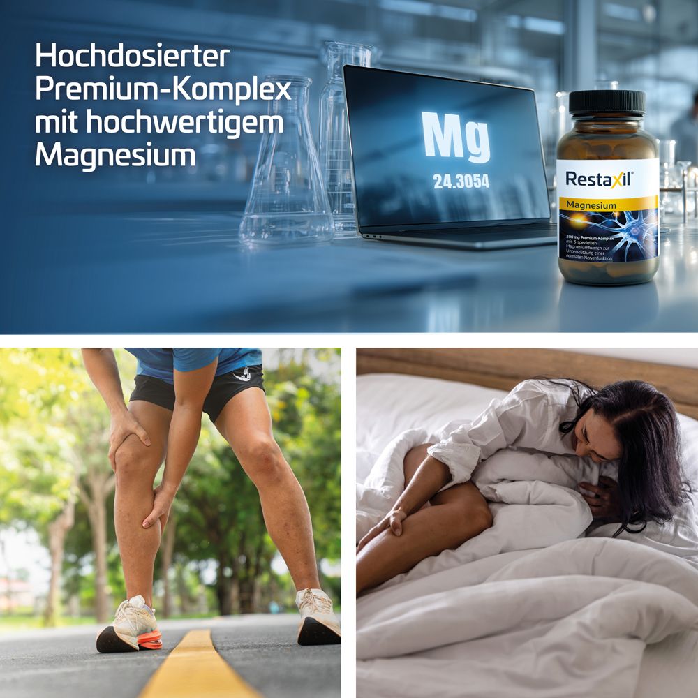 Restaxil Magnesium Kapseln: Collage mit Flasche, Laptop mit Mg-Symbol und Personen mit Gelenkschmerzen. Hochdosierter Premium-Komplex mit hochwertigem Magnesium.