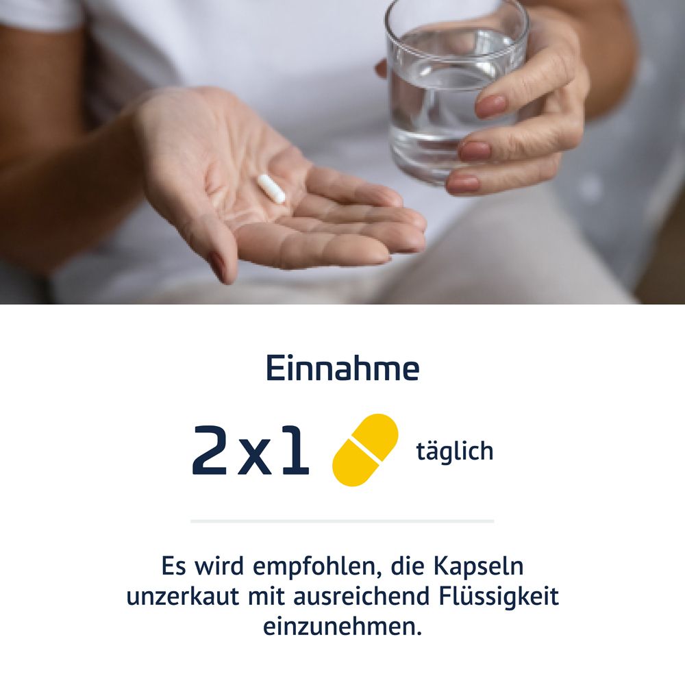 Restaxil Magnesium Kapseln: Hand hält eine Kapsel und ein Glas Wasser. Einnahme: 2x1 Kapsel täglich unzerkaut mit Flüssigkeit.