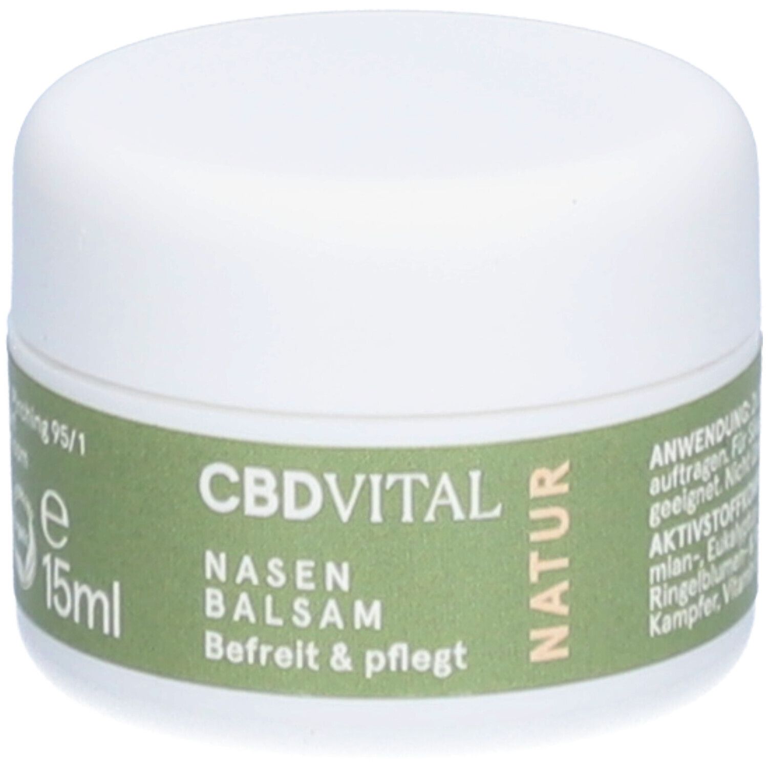 Weißer Tiegel mit grünem Etikett. Aufschrift: CBDVITAL Nasenbalsam. 15ml.