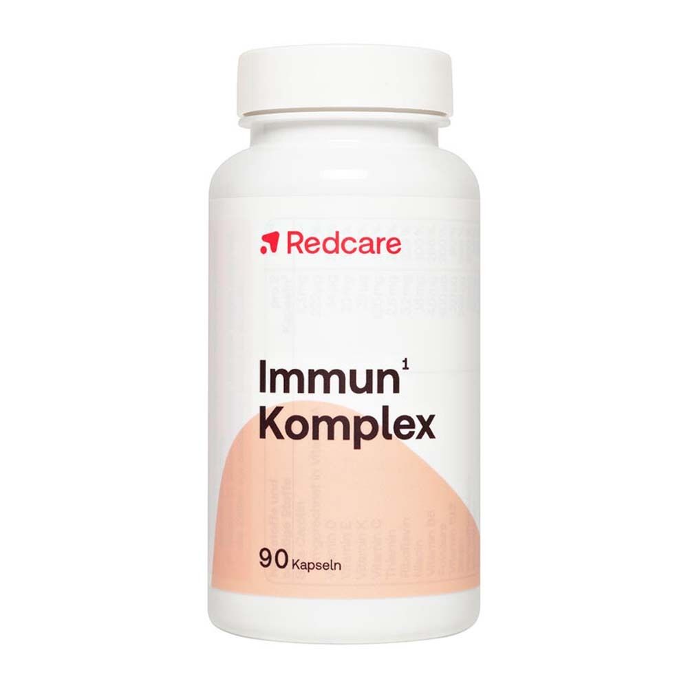 Weiße Flasche mit Kapseln. Aufschrift: Redcare Immun Komplex. 90 Kapseln.