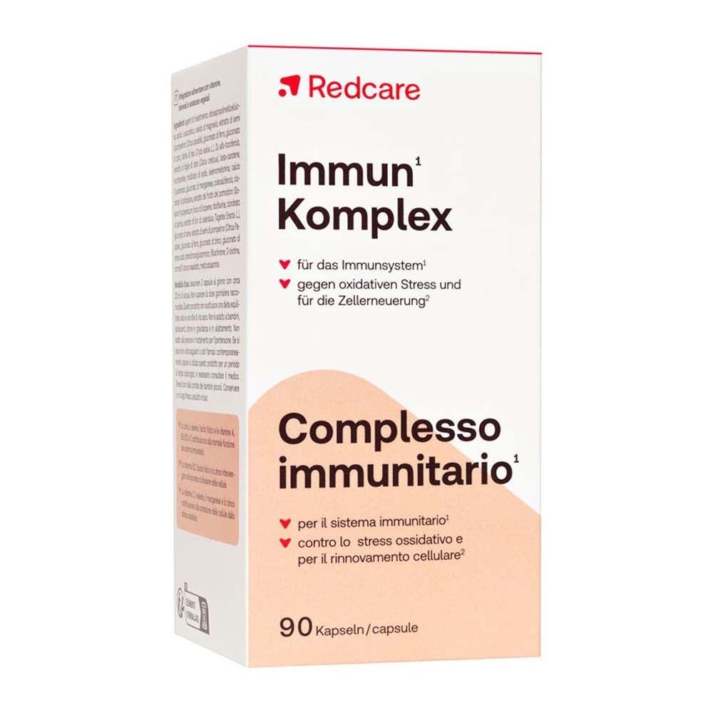 Karton mit Aufschrift: Redcare Immun Komplex. 90 Kapseln. Text in Deutsch und Italienisch.