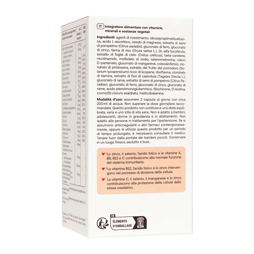 Rückseite der Verpackung mit Inhaltsstoffen und Anwendungshinweisen. Text in Italienisch.