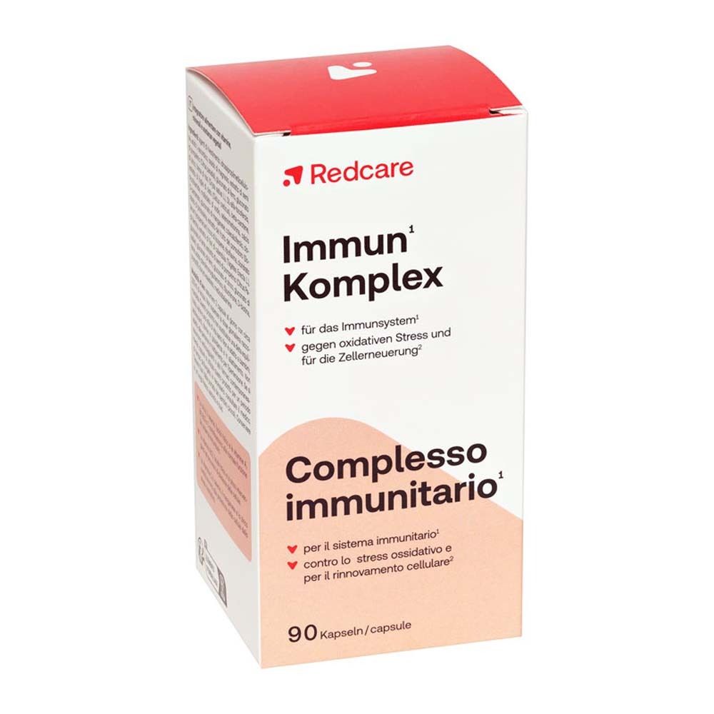 Karton mit Aufschrift: Redcare Immun Komplex. 90 Kapseln. Text in Deutsch und Italienisch.