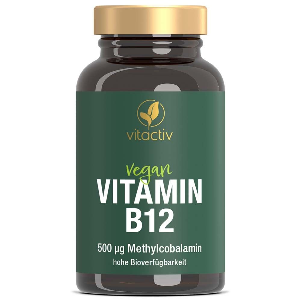 Braune Glasflasche mit grünem Etikett. Aufschrift: Vegan Vitamin B12, 500 µg Methylcobalamin.