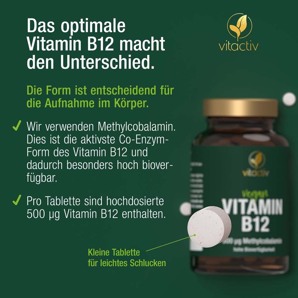 Grüne Infografik mit Text und Tablette. Text: Das optimale Vitamin B12 macht den Unterschied.