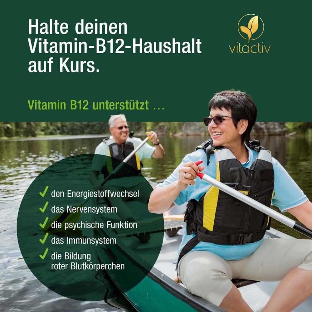 Zwei Personen paddeln im Kanu. Text: Halte deinen Vitamin-B12-Haushalt auf Kurs.