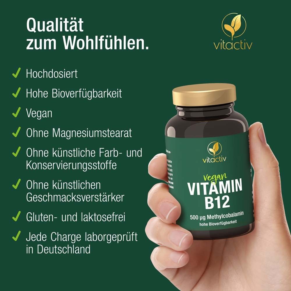 Hand hält Flasche mit Tabletten. Text: Qualität zum Wohlfühlen. Vegan, glutenfrei.