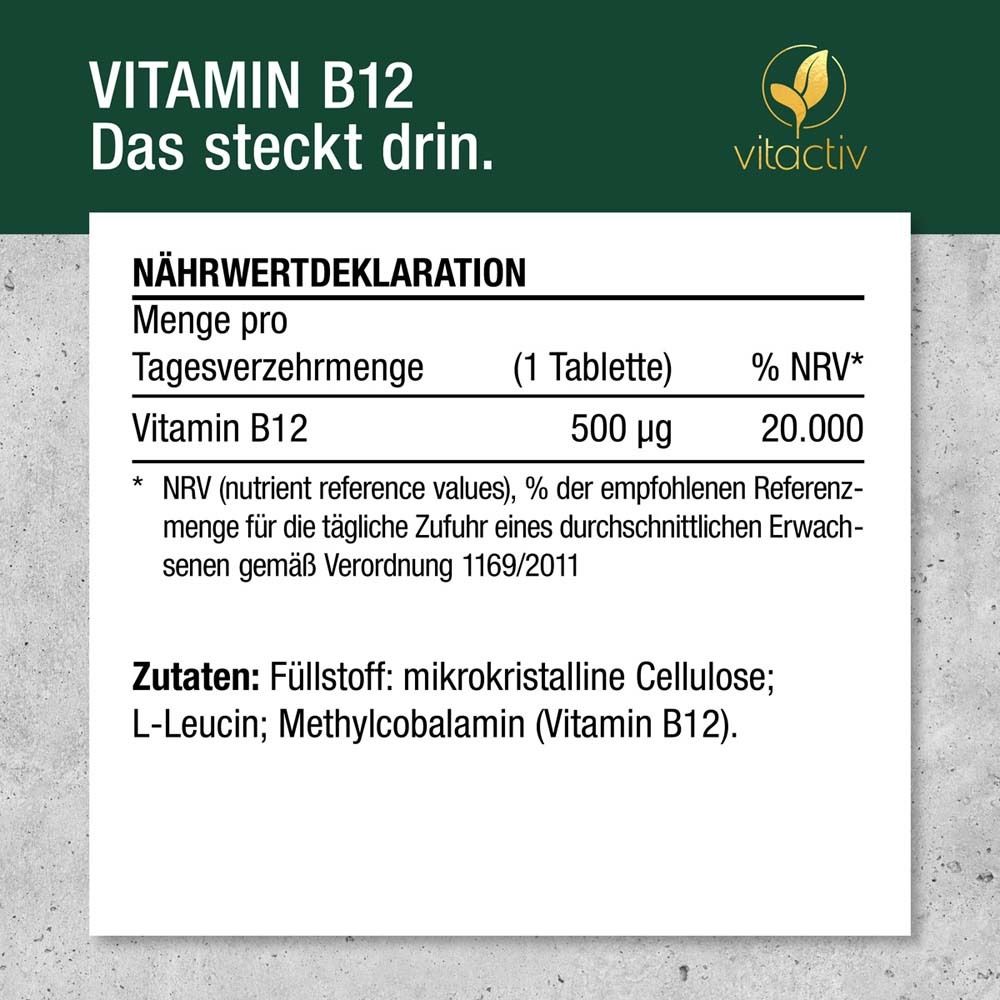Nährwertdeklaration. Text: Vitamin B12, 500 µg, 20.000 % NRV.