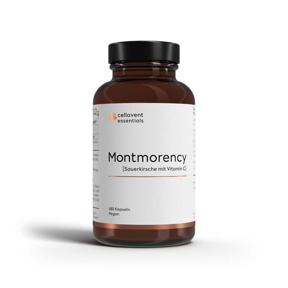 Braune Glasflasche mit schwarzen Deckel. Auf dem Etikett steht "Montmorency [Sauerkirsche mit Vitamin C]" und "Cellavent essentials".