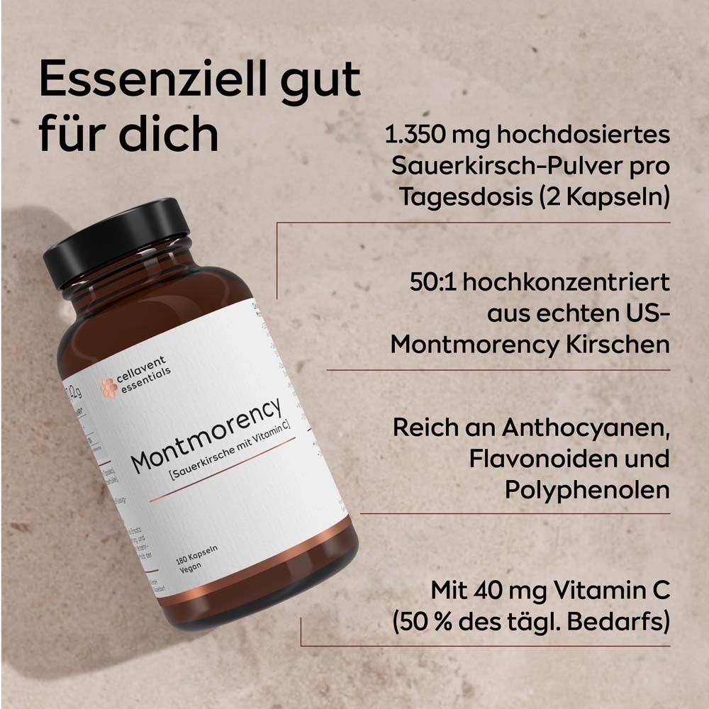 Braune Flasche mit Etikett. Text: "Montmorency [Sauerkirsche mit Vitamin C]" und Informationen. "Cellavent essentials".