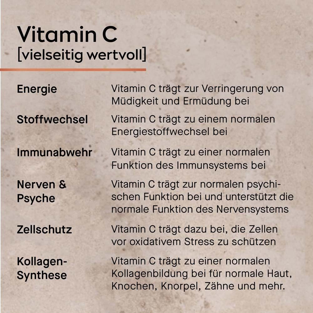 Text über Vitamin C. Energie, Stoffwechsel, Immunabwehr, Nerven & Psyche, Zellschutz, Kollagen-Synthese.