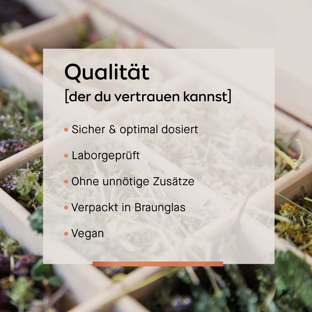 Text über Qualität. Sicher & optimal dosiert, Laborgeprüft, Ohne unnötige Zusätze, Verpackt in Braunglas, Vegan.