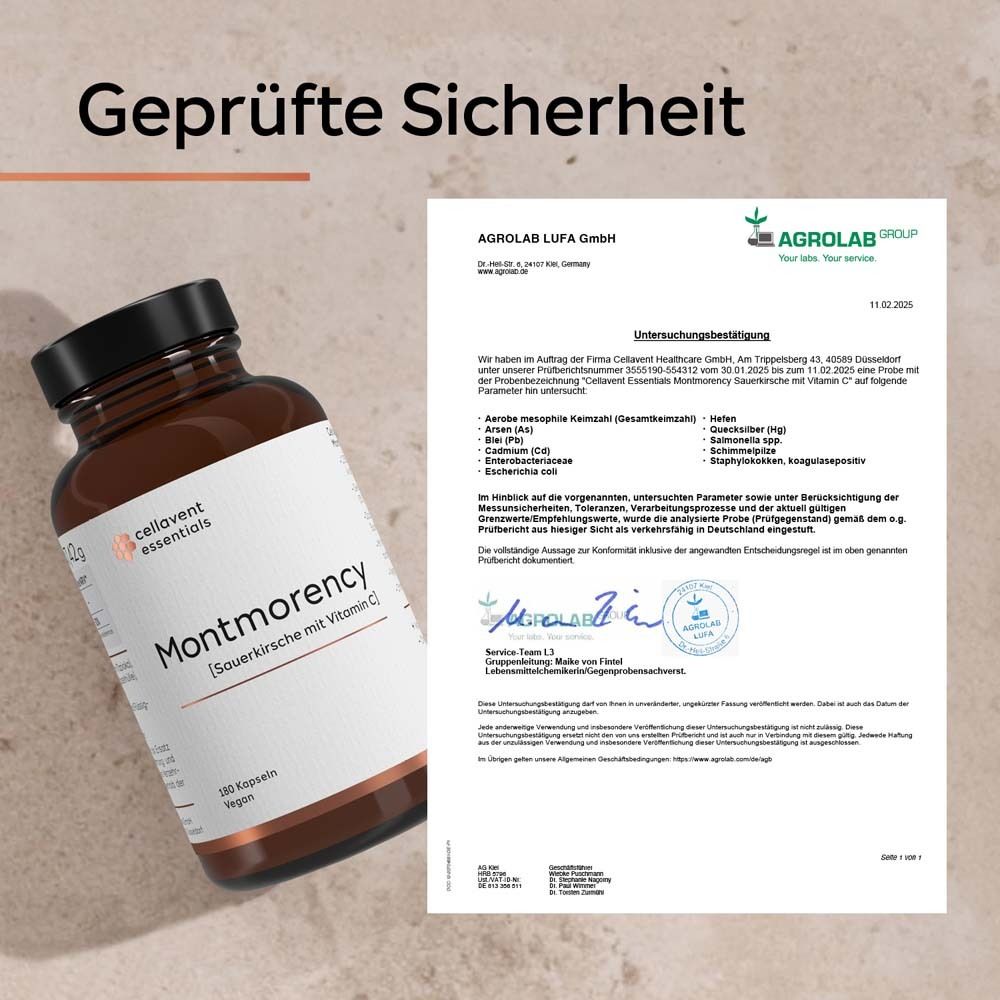 Braune Flasche mit Etikett und Zertifikat. Text: "Geprüfte Sicherheit".