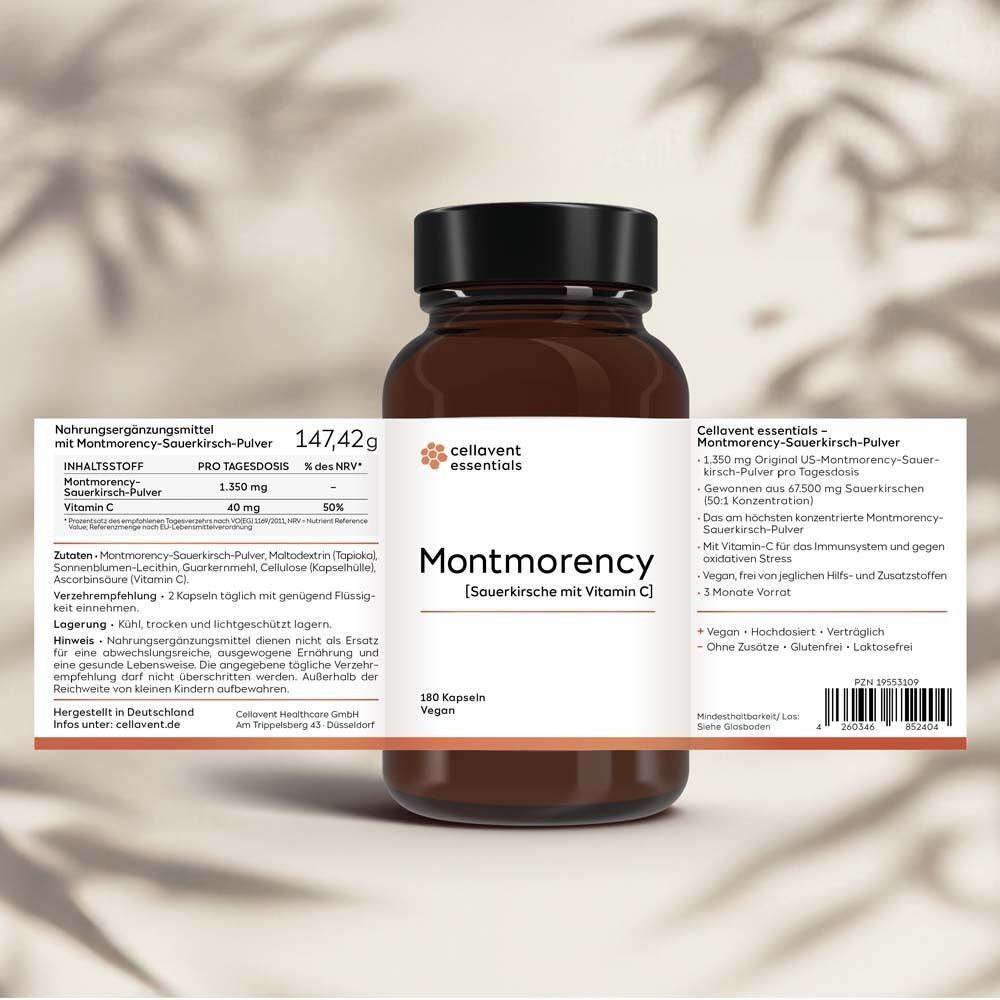 Braune Flasche mit Etikett. Text: "Montmorency [Sauerkirsche mit Vitamin C]" und Nährwertangaben.