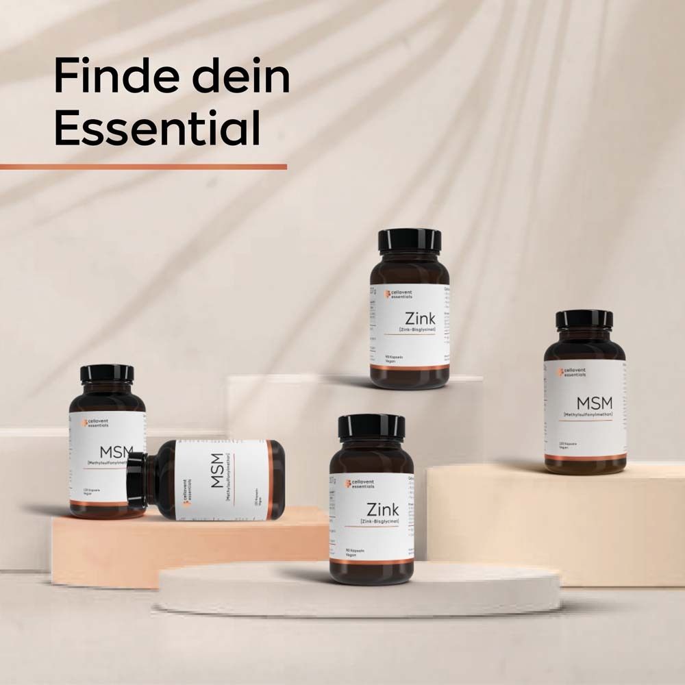 Mehrere Flaschen. Text: "Finde dein Essential". Flaschen mit "Zink" und "MSM" Etiketten.