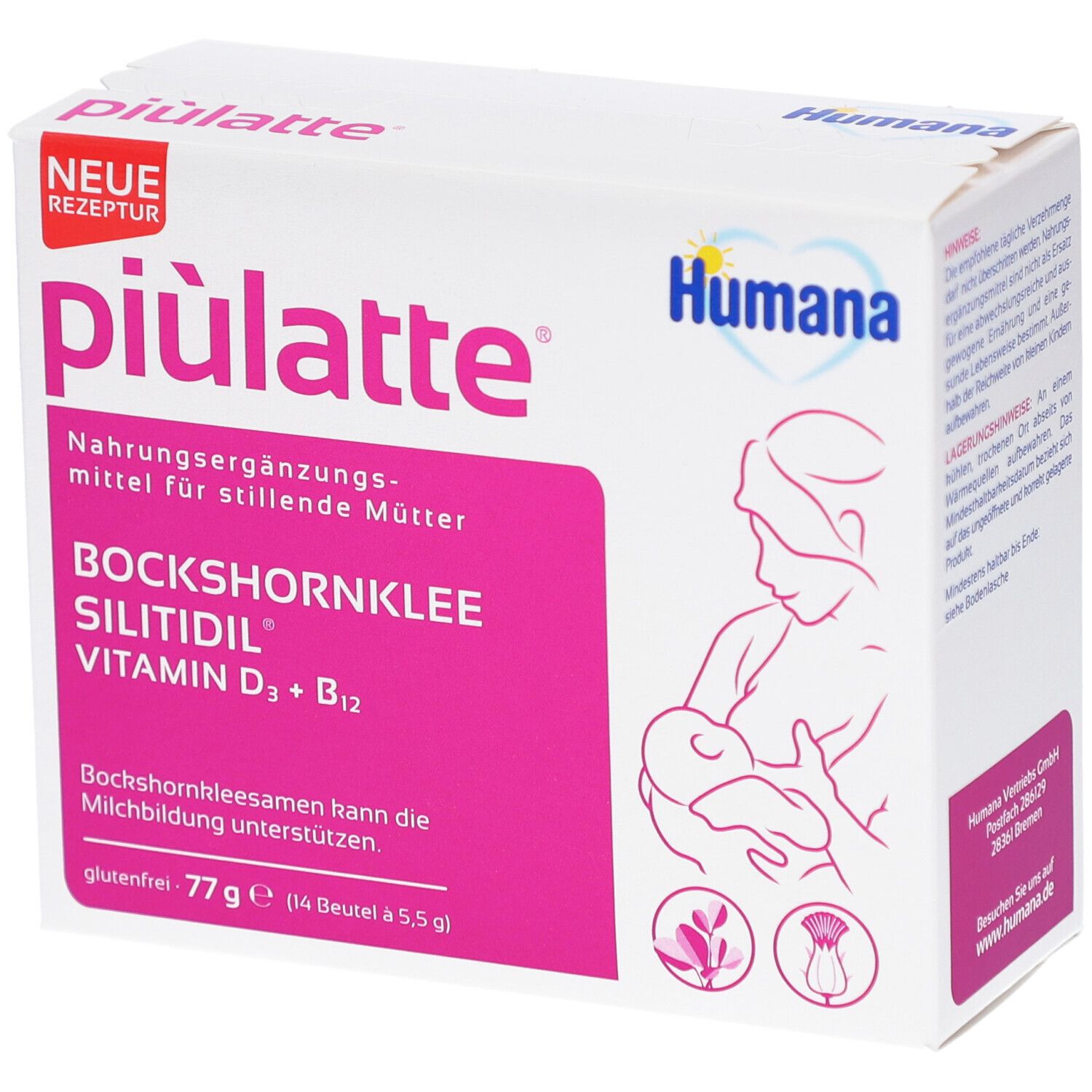 Weiße Packung mit rosa Akzenten. Aufschrift: piulatte, Humana. Enthält Bockshornklee, Vitamin D3 + B12. Illustration einer stillenden Mutter.