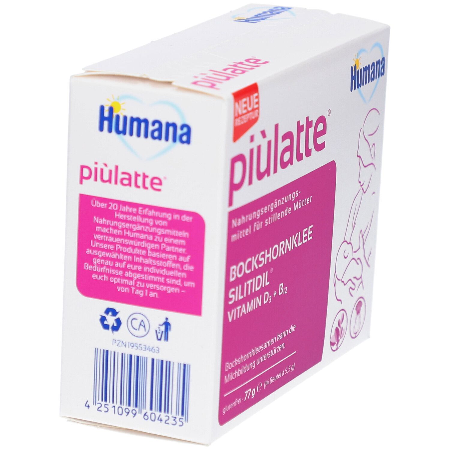 Weiße Packung, schräg. Aufschrift: piulatte, Humana. Enthält Bockshornklee, Siliditil, Vitamin D3 + B12. Rückseite mit Text und Logo.